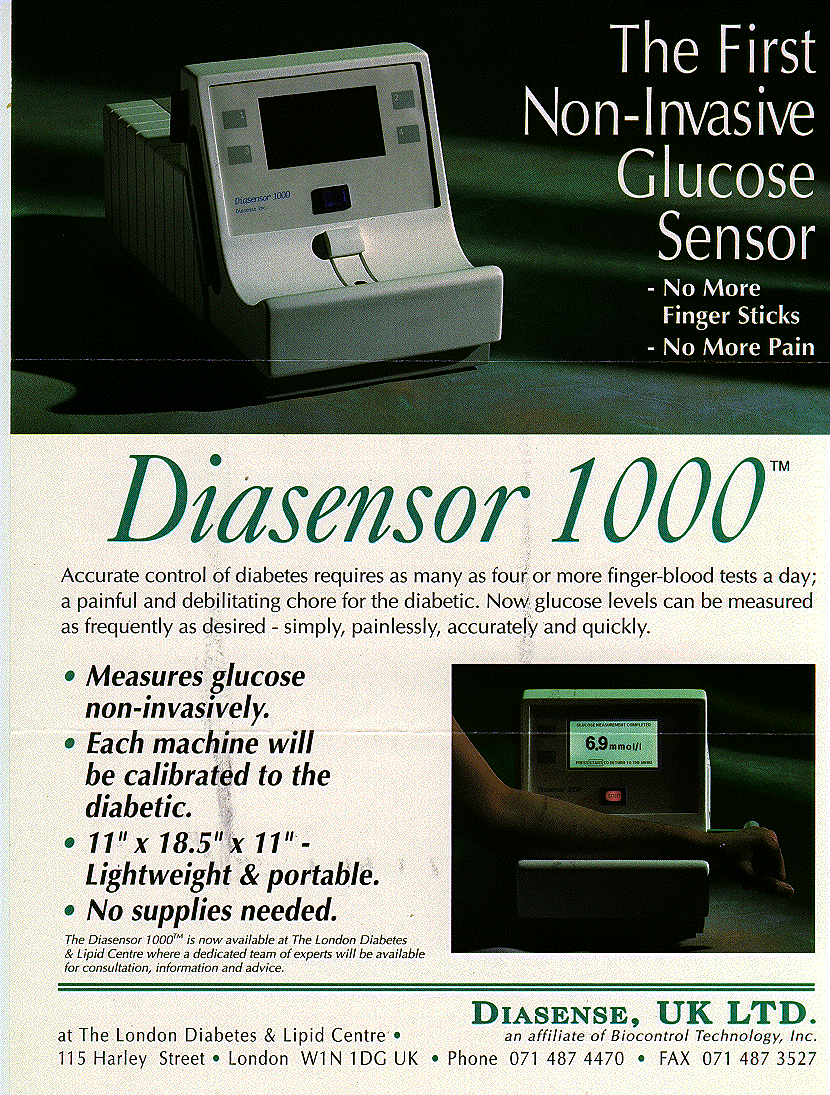 Diasensor 1000 TM prospekt from Diasense UK August 1995